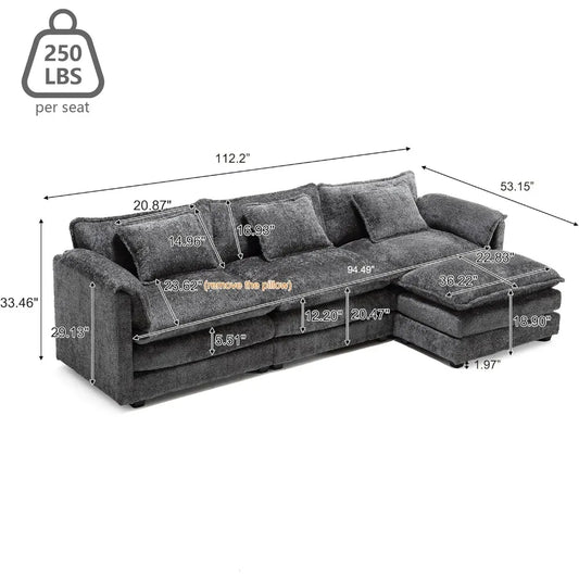 Sectional Sofa Couch for Living Room, Modern Chenille L Shaped Couch, Modular Sofa Sleeper with Moveable Ottoman & Memory Foam