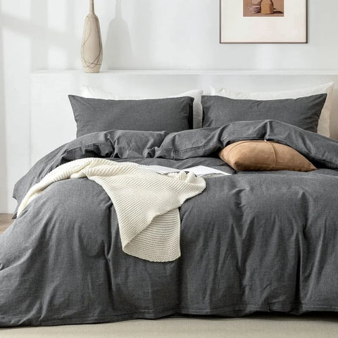 Duvet Cover Set- 100% Washed Cotton 3 Pcs Soft Comfy Breathable Chic Linen Feel Bedding, 1 Duvet Cover and 2 Pillow Shams