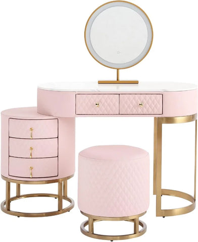 Luxury Faux Leather Vanity Desk with Mirror Makeup Table with Drawers & Vanity Stool