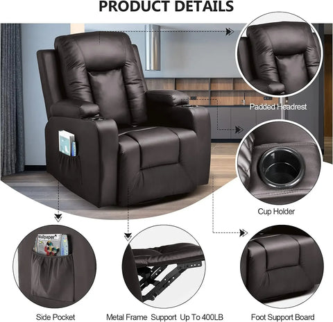 Leather Recliner Chair Modern Rocker with Heated Massage Ergonomic Lounge 360 Degree Swivel Single Sofa Seat