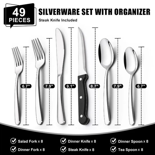 49-Piece Silverware Set with Organizer, Heavy Duty Stainless Steel Flatware Set for 8, Cutlery Utensil Sets, Dishwasher Safe