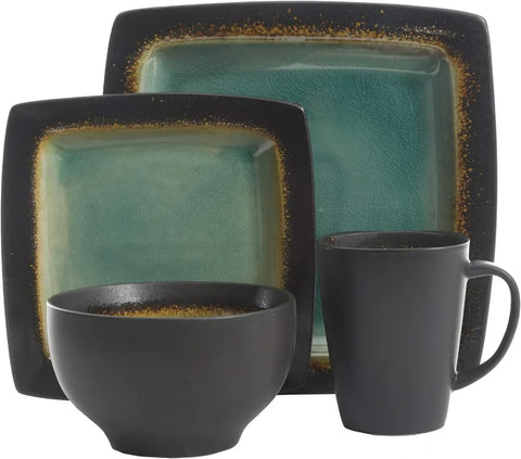 Square Reactive Glaze Stoneware Dinnerware Set, Service for 4 (16pcs),  Set Vaisselle Complet， Dishes and Plates Sets