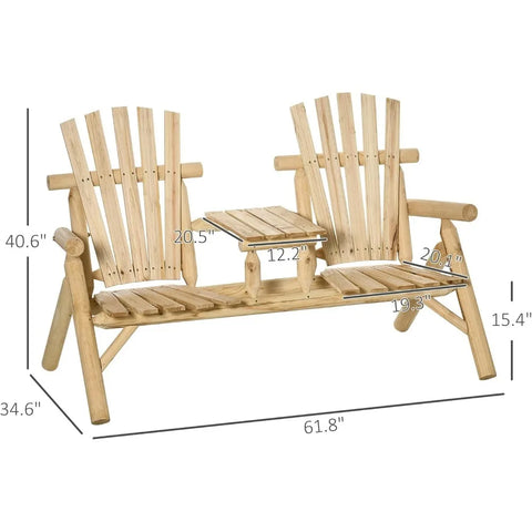 Outsunny 2-Seat Wooden Adirondack Chair, Patio Bench with Table, Outdoor Loveseat Fire Pit Chair for Porch, Backyard