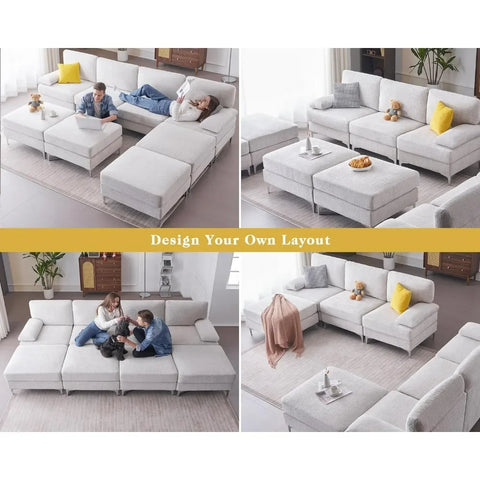 Modular Sectional Sofa, 8 Seater- Convertible Sectional Couches with Ottomans, Sofa Bed for Living Room, Beige Chenille