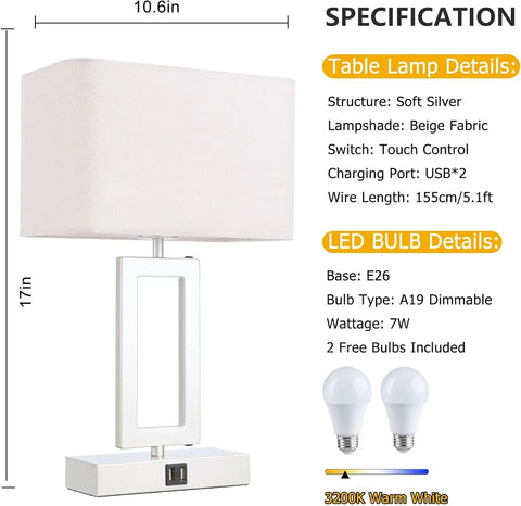 Lamps Set of 2 Touch Control Table Lamps with 2 USB Ports 3-Way Dimmable Bedside Nightstand Lamps for Bedrooms Silver Lamp fo