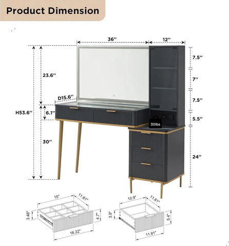 T4TREAM Makeup Vanity Desk with 36" HD Lighted Mirror, 48" Big Modern Vanity Desk with Mirror and Lights, Dressing Table