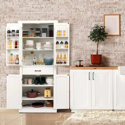 72" Kitchen Pantry Cabinet, Large Freestanding Cupboard with Drawer, Adjustable Shelves and Door Storage Shelves