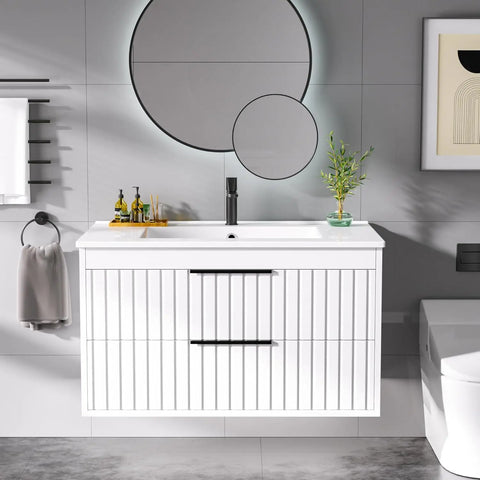 Bathroom Vanity with Sink, Floating Vanity Bathroom Sink Cabinet Wall Mount, Soft-Close Function 2 Large Drawers