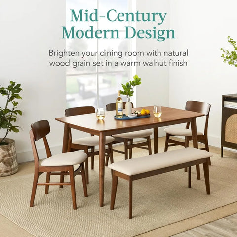 6-Piece Dining Set, Mid-Century Modern Wooden Table & Upholstered Chair Set for Home, Dining Room W/ 4 Chairs, Bench Seat