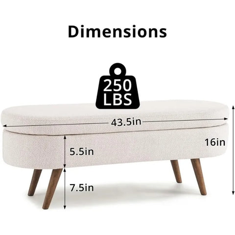 43.5" Storage Ottoman Bench with 250lb Seating, Linen Upholstered Wood Legs Safety Hinge Flip Top Oval Foot Rest Long Stool