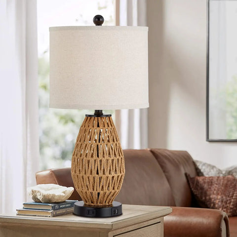 Touch Control Rattan Table Lamps, 3 Way  Bedside Lamps for Bedroom Set of 2 with 2 USB Ports and AC Outlet, Wicker