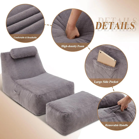 Bean Bag Chair Large Indoor Beanbag Sofa Lazy Beanbag with Neck Roll&Ottoman Cozy Floor Sofa with Washable Cover&Side Pocket