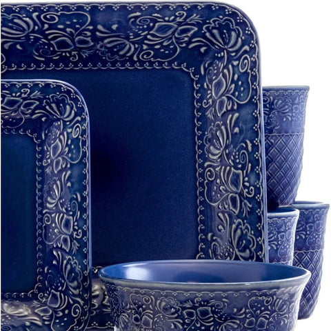 Contemporary Square Embossed Stoneware Dinnerware Dish Set, 16 Piece, Indigo Blue