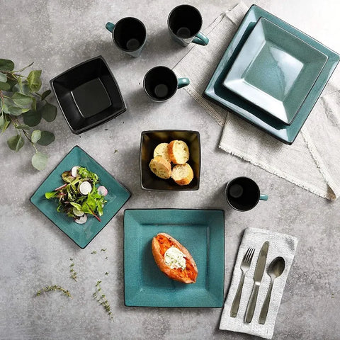 Square Reactive Glaze Stoneware Dinnerware Set, Service for 4 (16pcs),  Set Vaisselle Complet， Dishes and Plates Sets