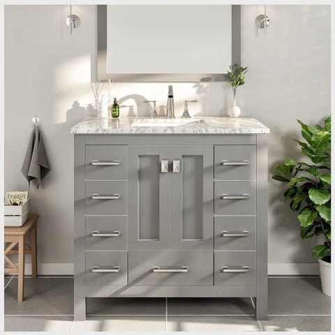 Grey Bathroom Vanity with Sink-36 Inch Modern Solid Wood Vanity Set-Floor-Mounted Bathroom Sink Cabinet -Small Bathroom Vanity