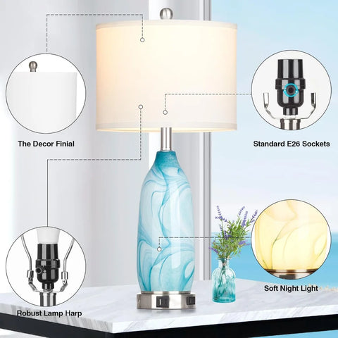 Glass Table Lamps for Living Room, 26" Modern Table Lamps with USB A+C Ports & AC Outlet, Touch Control Bedside Nightstand