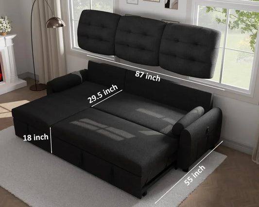 Sectional Sofa, with Reversible Storage Chaise Pull Out Couch for Living Room |Charging Station | Removable Backrest