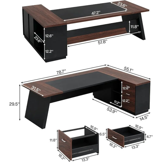 78" L-Shaped Executive Desk, Large Office Desk with Drawers and Lateral File Cabinet, Business Furniture with Storage Shelves