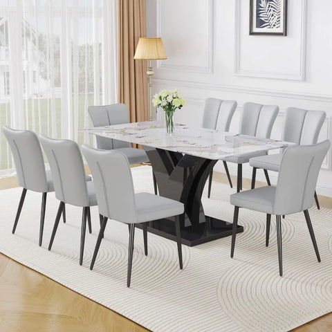 Modern Dining Room Table Set for 6, Faux Marble Kitchen Table and 6 PU Leather Chairs, 67” Rectangular Tempered Glass Table Set