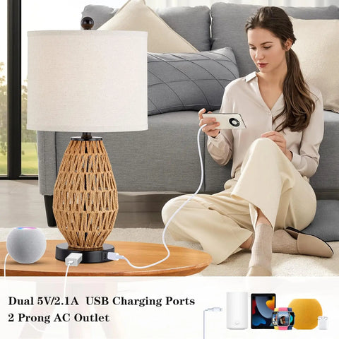 Touch Control Rattan Table Lamps, 3 Way  Bedside Lamps for Bedroom Set of 2 with 2 USB Ports and AC Outlet, Wicker