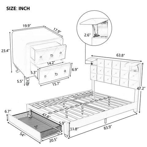 3-Pieces Bedroom Sets,Queen Size Upholstered Platform Bed with Two Motion Activated Night Lights and Two Nightstands