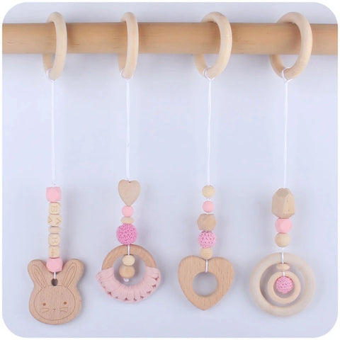 3/4 Pcs Baby Gym Frame Beech Wood Ring Baby Fitness Rack Pendants Silicone Beads Teether Newborn Stroller Rattle Play Gym Toys