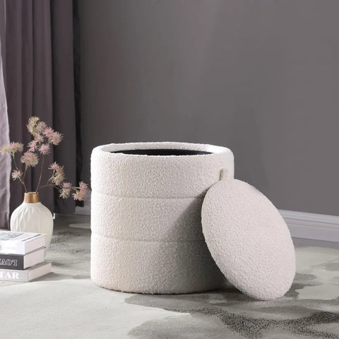 Stools & Ottomans Storage Round Ottoman with Removable Lid Home Décor|Upholstered Round Foot Rest Ottoman - Cream Boucle