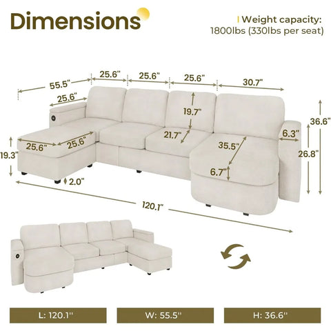 120" U Shaped Couch, Sectional Sofa Couch with Storage Seat, Chenille Convertible Sofa with Reversible Chaises, Beige