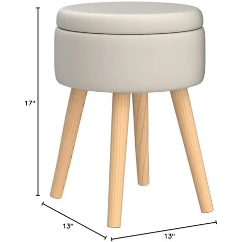 Ottoman storage linen circular dressing table stool, modern multi-functional cushioned footstool with wooden legs