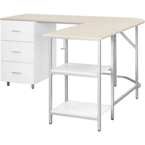 L Shaped Desk - Two-Toned Computer Desk with Drawers & Storage Shelves - Simple Modern Furniture & Home Office Space Corner Tabl