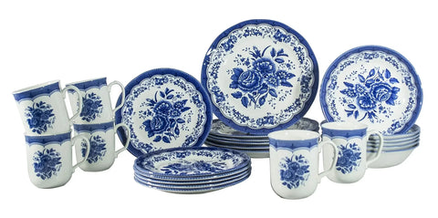 TUDOR ROYAL 24-Piece Porcelain Round Dinnerware Set, Service for 6, VICTORIA BLUE Design, Blue Floral, Plates Bowls Mugs Dishes,