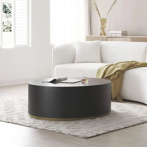 Round Coffee Table for Living Room, Drum Round Circle Wood  Modern Black Coffee Tables End Table with Gold Rim Bottom