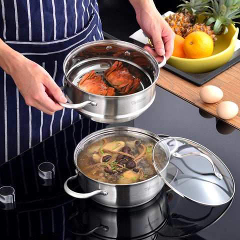 Velaze Cookware Set Stainless Steel 8/9/14 Piece Cooking Pot Pan Set Induction Safe Saucepan Casserole with Glass lid Non Stick