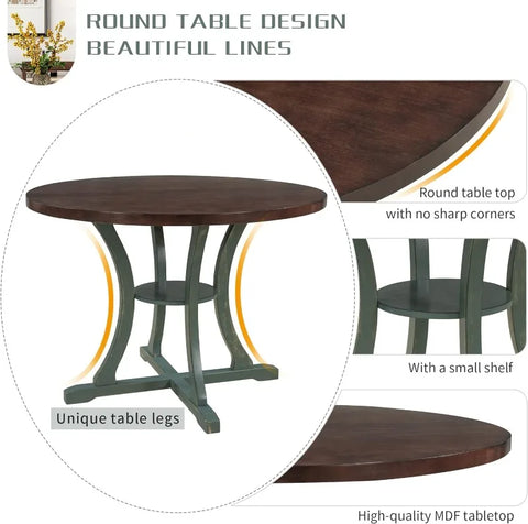 5-Piece Round Dining Table and Chair Set, Round Dining Table with Shelf, Wood Table Set for Family Dining Area