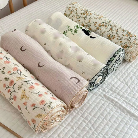 110*130cm Baby Muslin Blanket Gauze Thin Quilt Floral Print Double Layer Cotton Swaddle Blanket Stroller Cover Kids Bedding