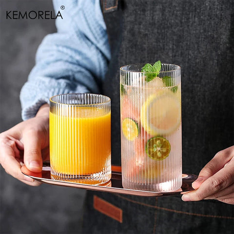 4PCS Ribbed Glass Cups Vintage Glassware Transparent Cocktail Glasses Set Bar Beverages Iced Coffee Cup Juice Ripple Drinkware