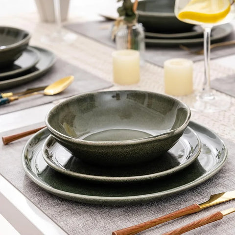 Ceramic Dinnerware Sets,Handmade Reactive Glaze Plates and Bowls Set,Highly Chip and Crack Resistant