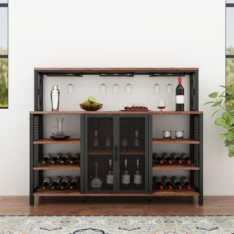 Wine Bar Cabinet with Drawer and LED Lights, 55 Inches Industry Coffee Bar Cabinet with Wine Rack and Glass Goblet Holder