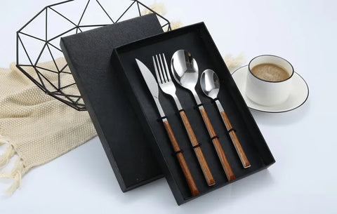 4Pcs 304 Stainless Steel Dinnerware Sets Glossy Silver Wooden Tableware Western Food Knife Fork Teaspoon Cutleries