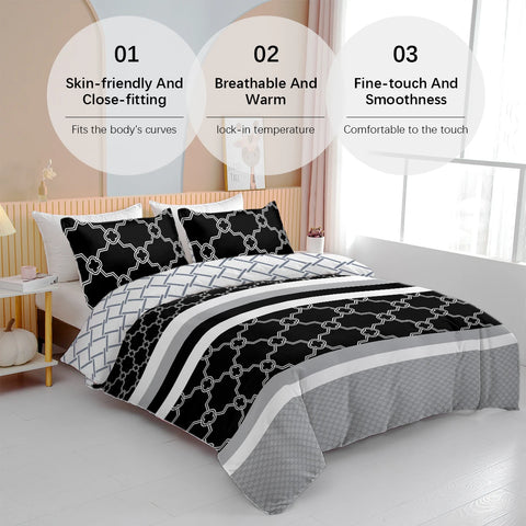 3pc Black and White Stripe Printed Bedding Set Geometrical Pattern Quilt Cover with1 Duvet Cover and 2 Pillowcases