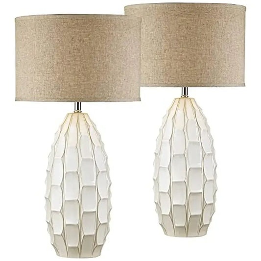 Mid Century Modern Coastal Oval Ceramic Table Lamps Set of 2 White Hand-Crafted Textured Base Beige Fabric Drum Shades 150W Max