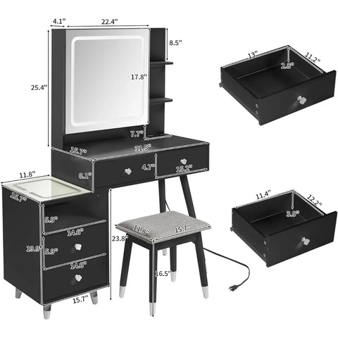 Vanity Table Set with Lighted Mirror Cabinet & Charging Station 3-Color Lighting Makeup Desk with 4 Drawers, Cushioned Stool