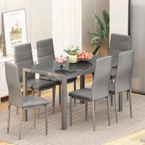 7 Piece Kitchen 6 Person, Tempered Glass Table and PU Leather Chairs Modern Dining Room Sets for Small Space, Dining Table Set