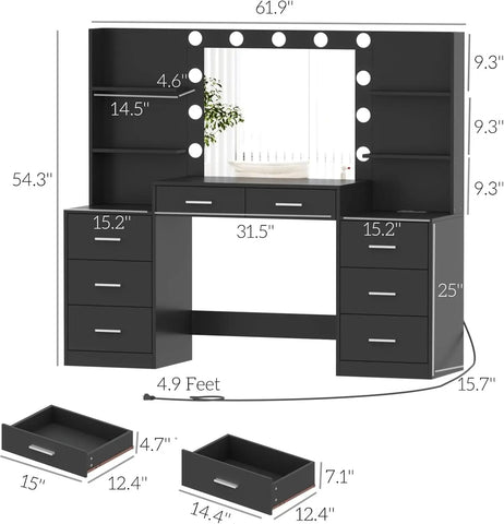 Makeup Vanity Table with Mirror & Lights, Vanity Desk with Power Strip, Large Drawer & Six Open Storage Dresser, 3 Lighting