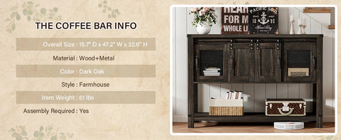 Farmhouse Coffee Bar Cabinet with 2 Sliding Barn Doors, Modern Buffet Sideboard Cabinet with Open Shelf, Entryway Table