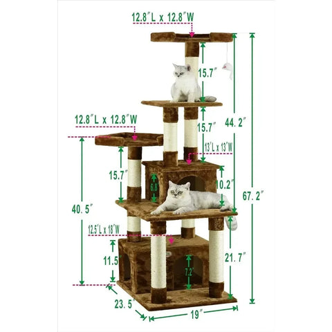 67" Cat Tree Condo Furniture Tower Kitten Scratcher, with Large Hideout Play House and Fun Perches for Indoor Cats