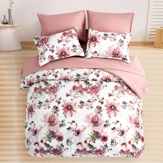 Pink 7 Pieces Bed in A Bag, Soft Microfiber Complete Bedding Set for All Season, Floral Comforter Set King Size