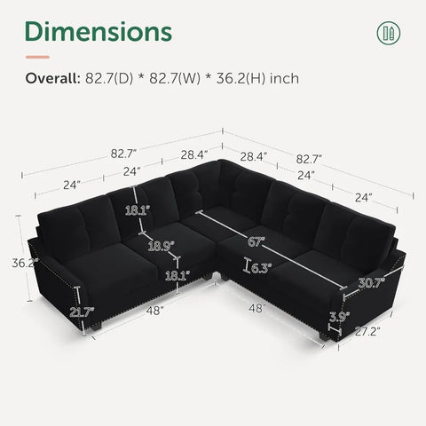 Living Room Sofa, Convertible Sectional L-shaped Sofa for Small Apartment Living Room, Velvet Black Reversible Sectional Sofa