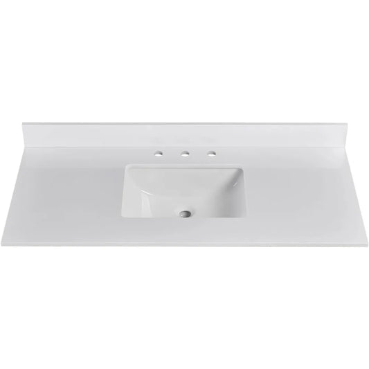 48 Inch Solid White Vanity Sink Top, Engineered Stone Vanity Top,8 Inch Widespread Faucet Hole with Backsplash Countertops