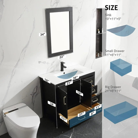 30" Bathroom Vanities Cabinet with Sink Combo Set, Undermount Ceramic Sink w/Thickened Wood, Matte Black Faucet